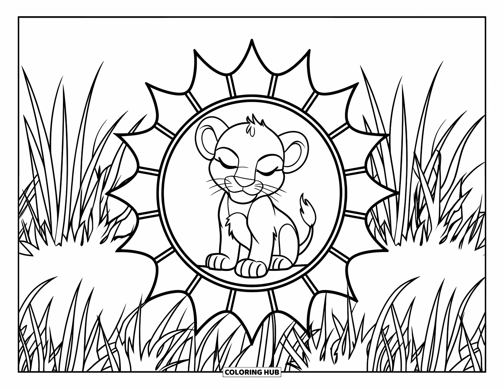 Baby Animal Coloring Page for Adults: A sleepy lion cub sits in a sunburst frame among soft grasses and peaceful plains