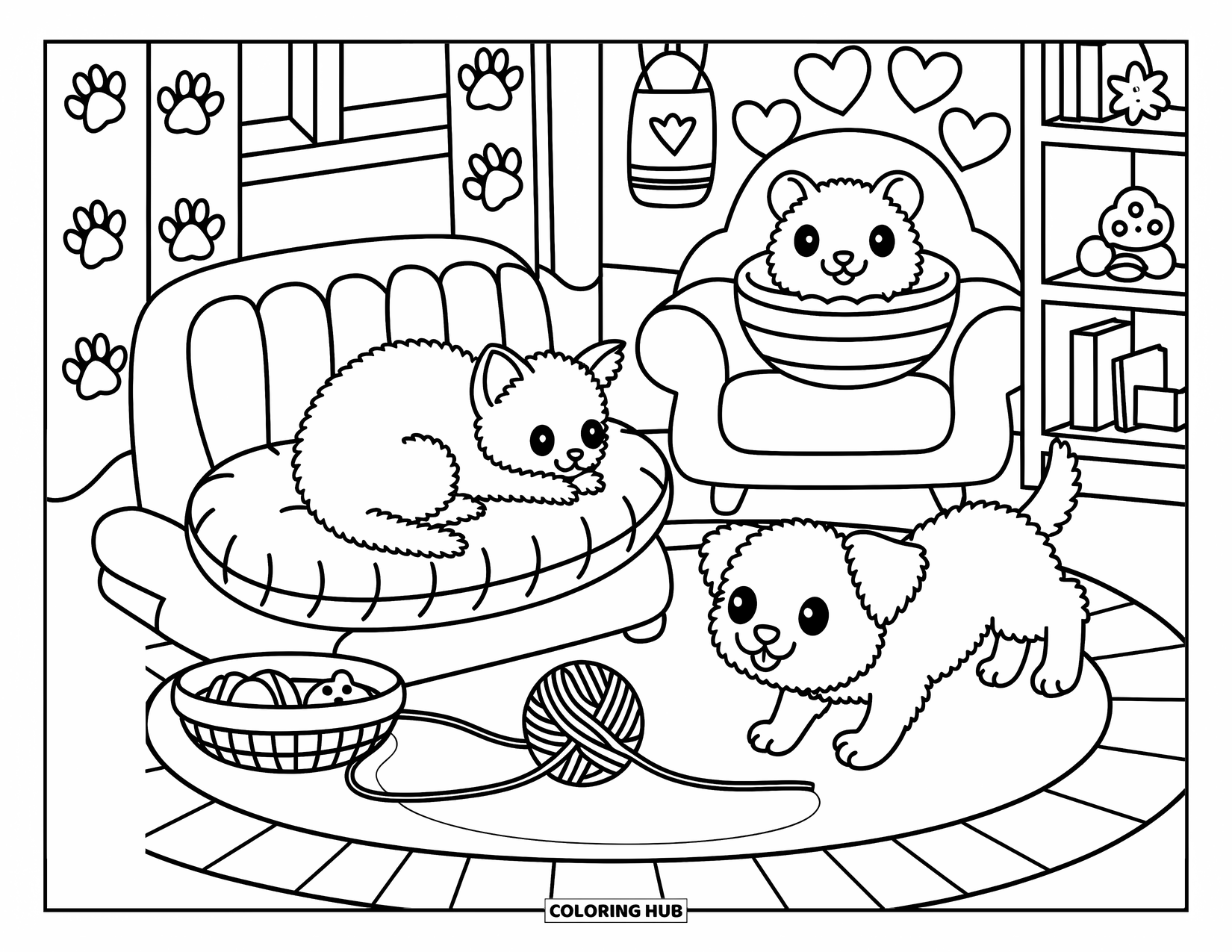 Baby Animal Coloring Page for Adults: A soft pillow, playful puppy, curious hamster, and cozy room fill this kawaii scene