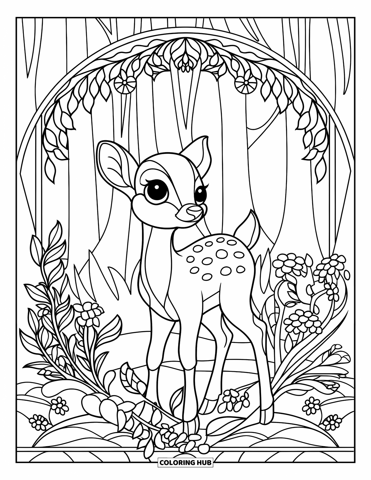 Baby Animal Coloring Page for Adults: A sweet baby deer looks up gently within a stained glass circle of forest blooms
