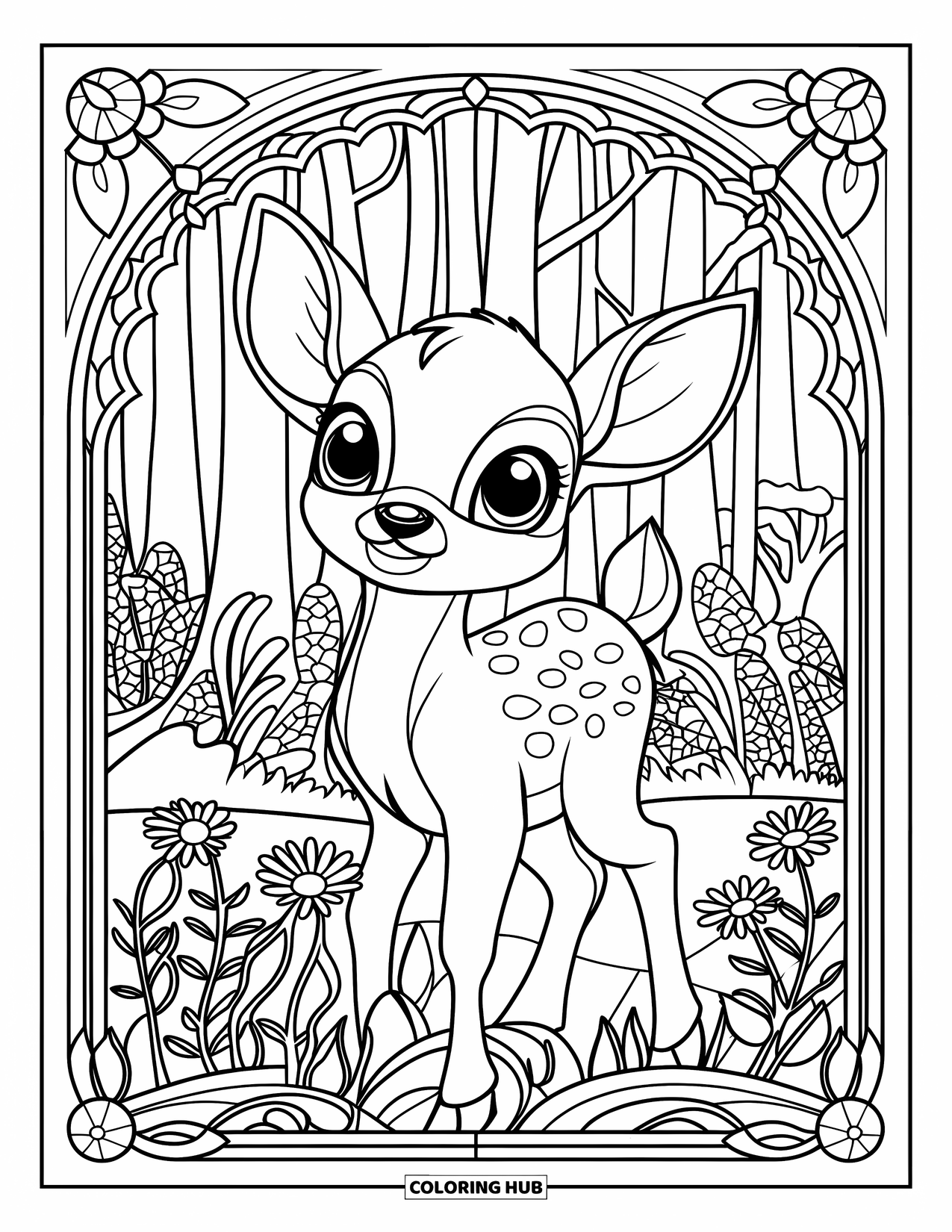 Baby Animal Coloring Page for Adults: A wide-eyed deer stands among leaves and vines in a stained glass woodland design