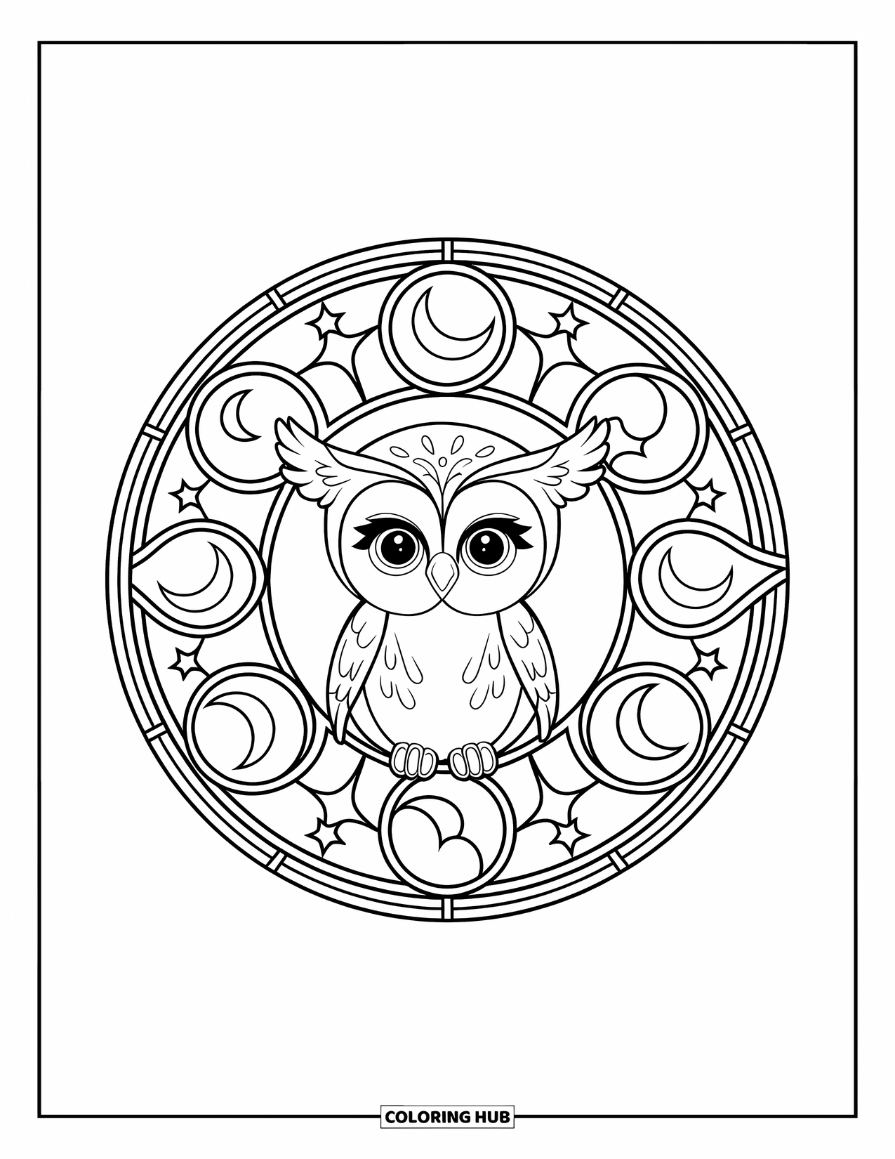 Baby Animal Coloring Page for Adults: An adorable owl wearing a hat sits in a starry stained glass circle with moons