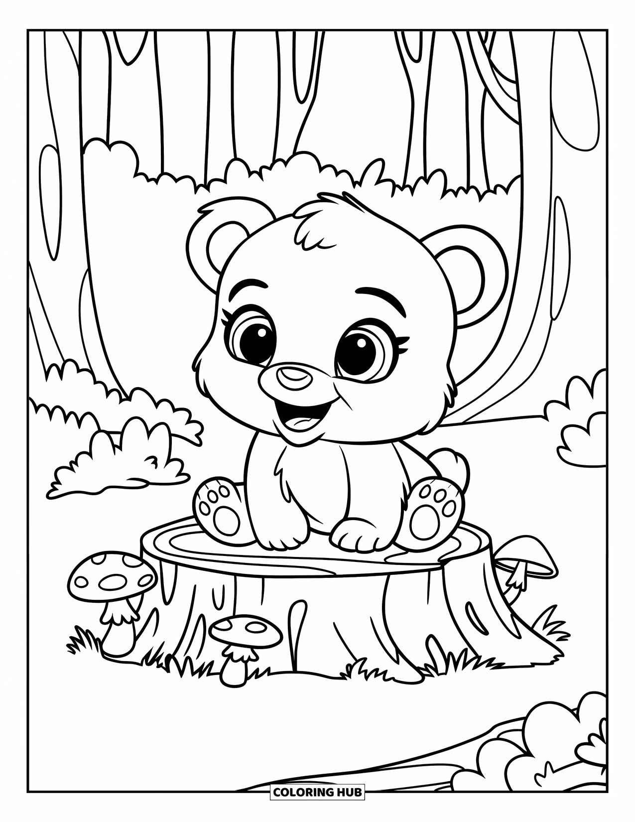 Baby Animal Coloring Page for Kids: A baby bear sits quietly beside a stump