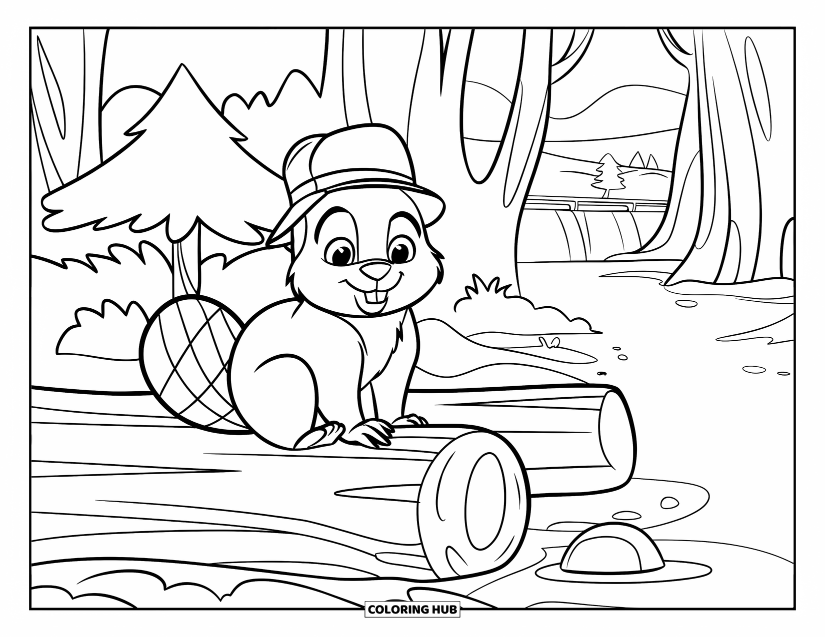 Baby Animal Coloring Page for Kids: A baby beaver in a hat rests by a forest log