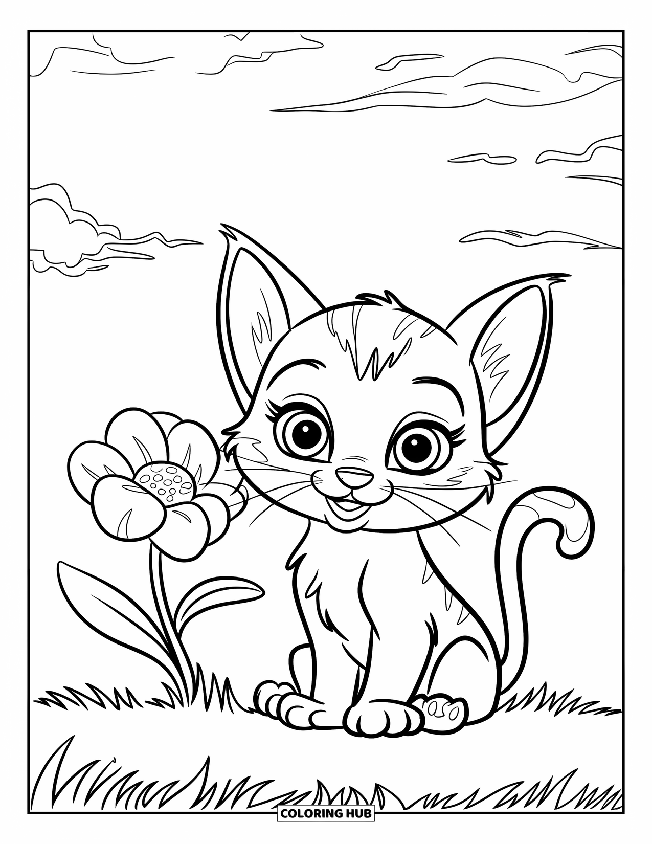 Baby Animal Coloring Page for Kids: A baby cat with a curled tail sits by a single flower