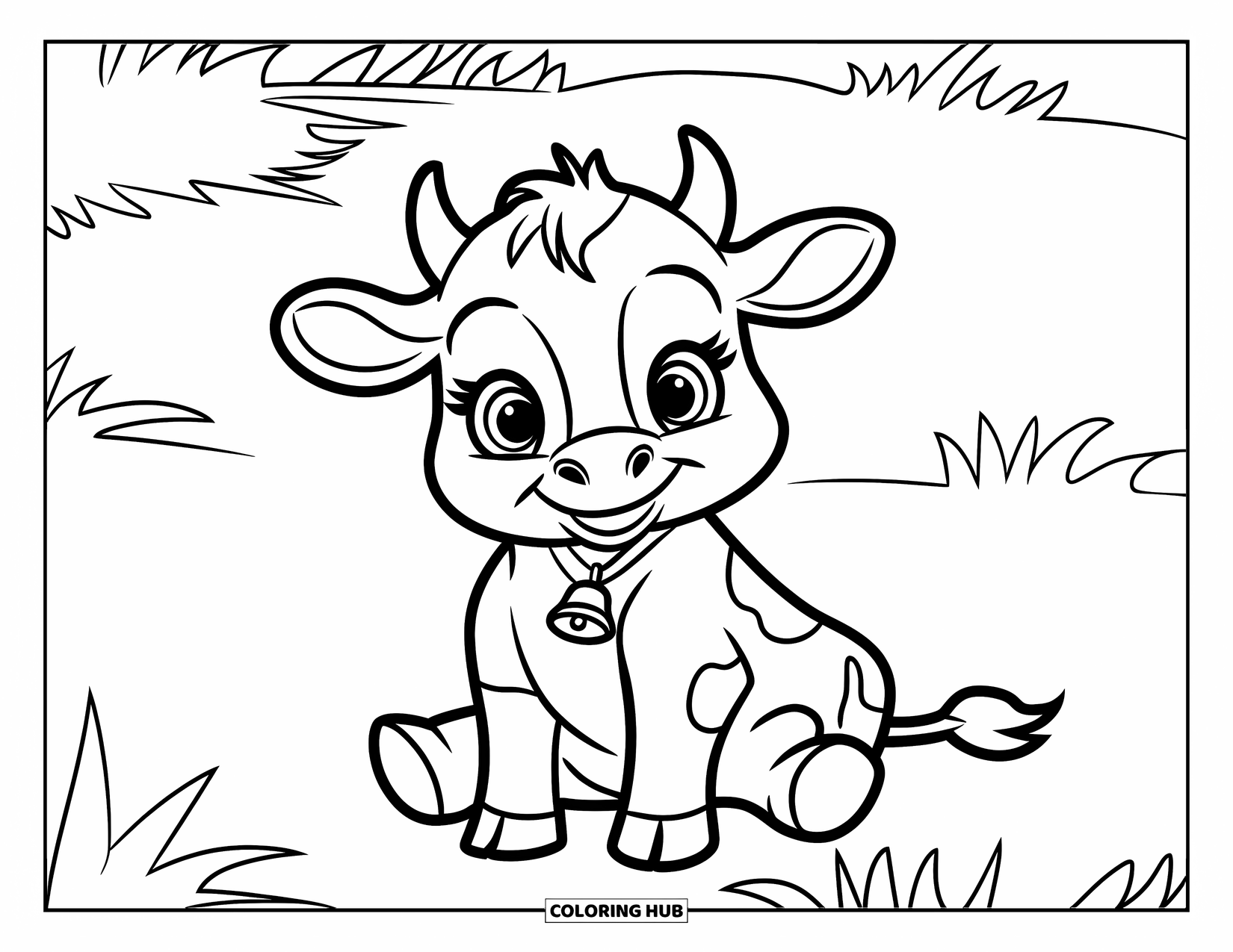 Baby Animal Coloring Page for Kids: A baby cow with a bell sits calmly on soft grass
