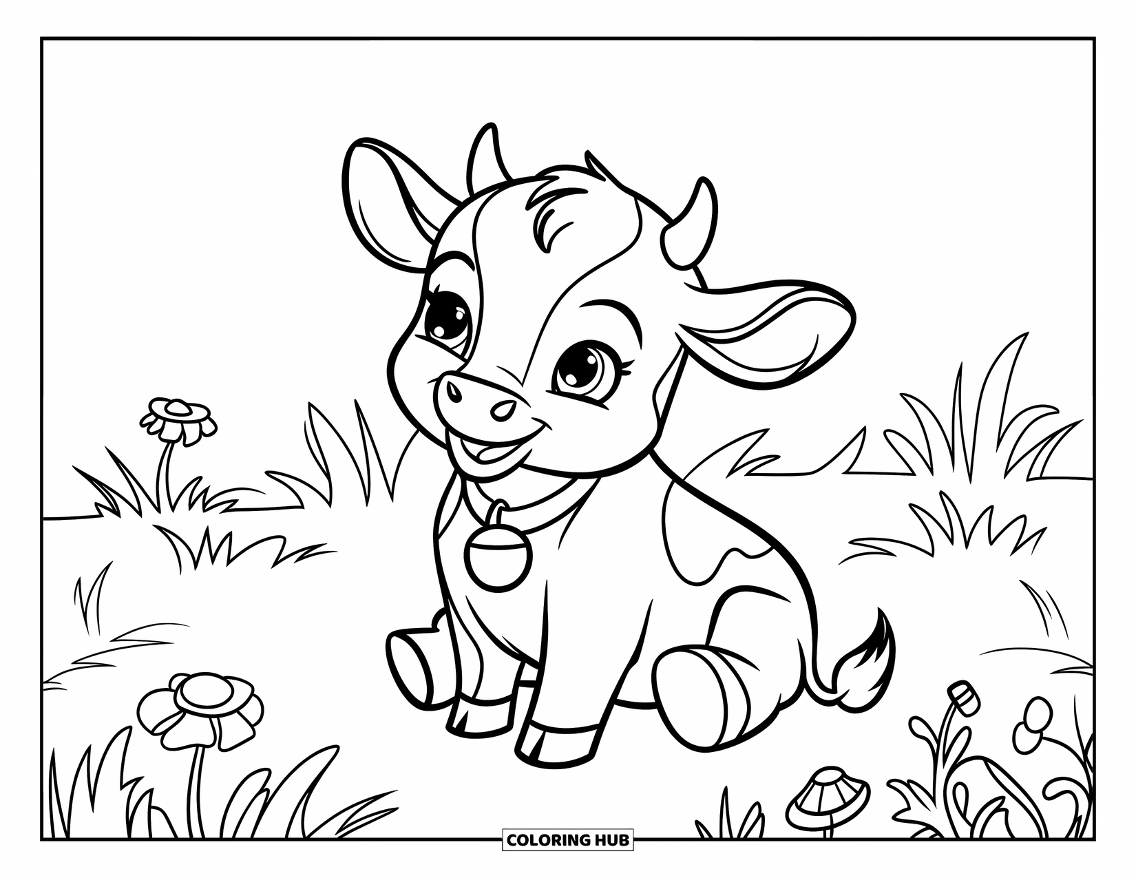Baby Animal Coloring Page for Kids: A baby cow with a red collar sits among wildflowers