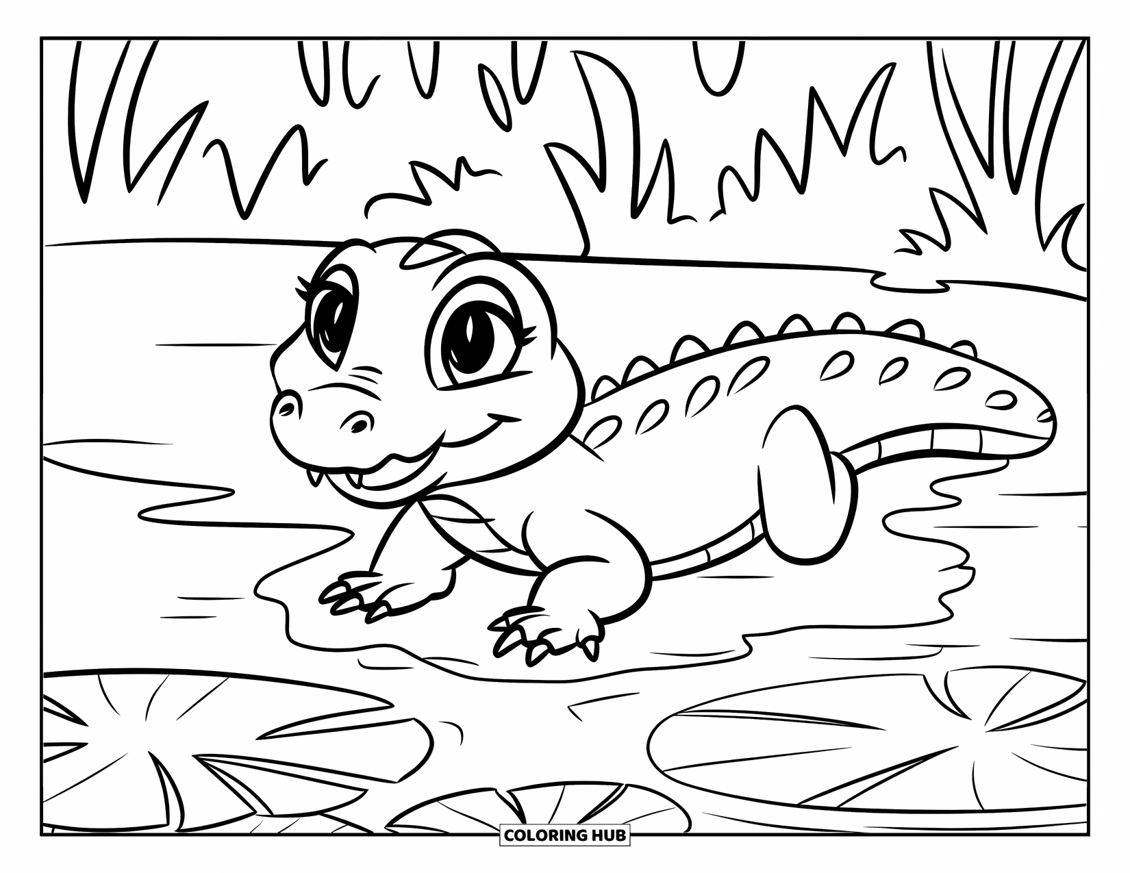 Baby Animal Coloring Page for Kids: A baby crocodile crawls near lily pads and smiles wide