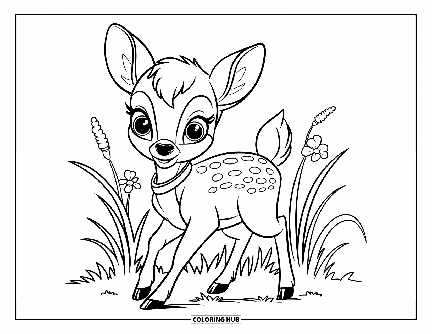Baby Animal Coloring Page for Kids: A baby deer explores a sunny field of flowers