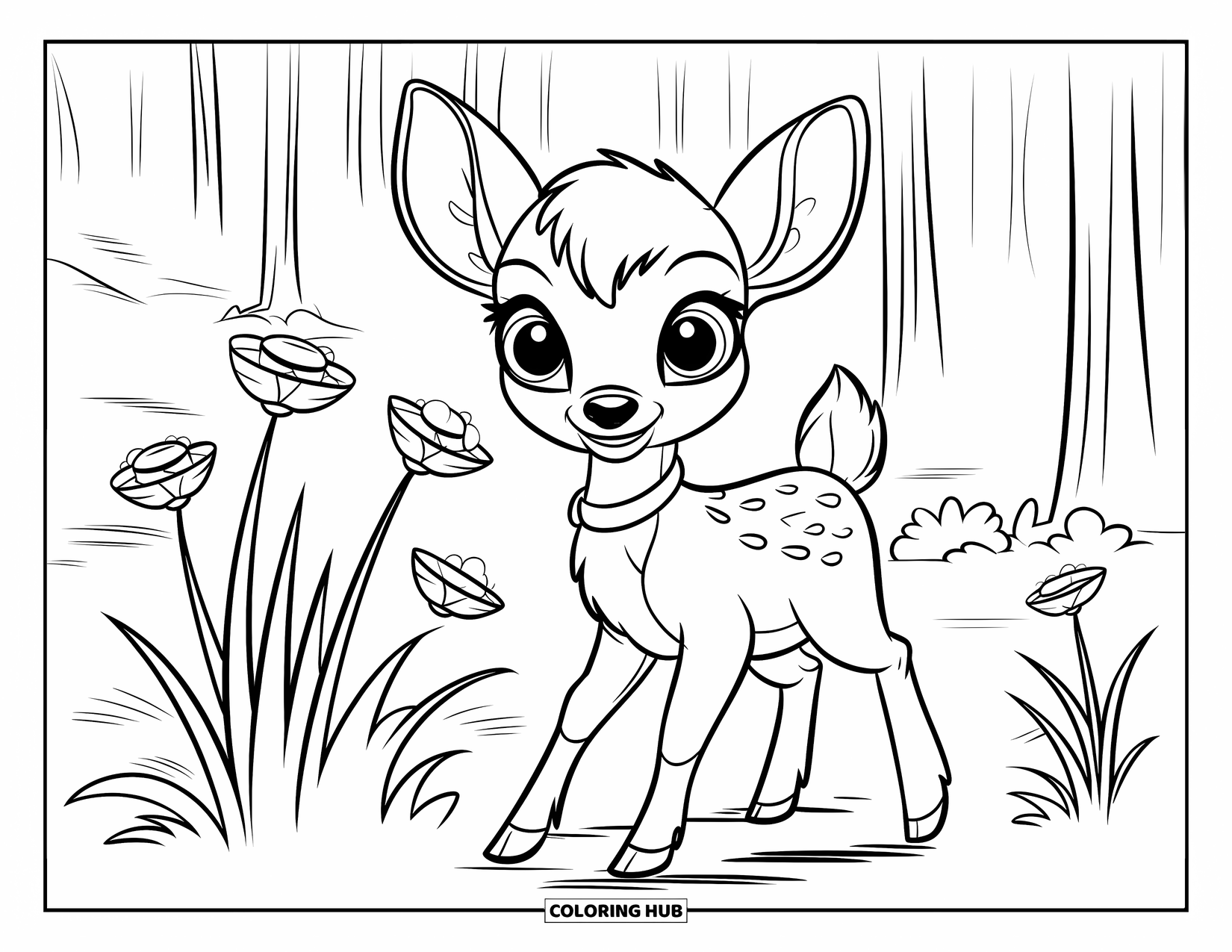 Baby Animal Coloring Page for Kids: A baby deer walks through tall grass and tiny flowers