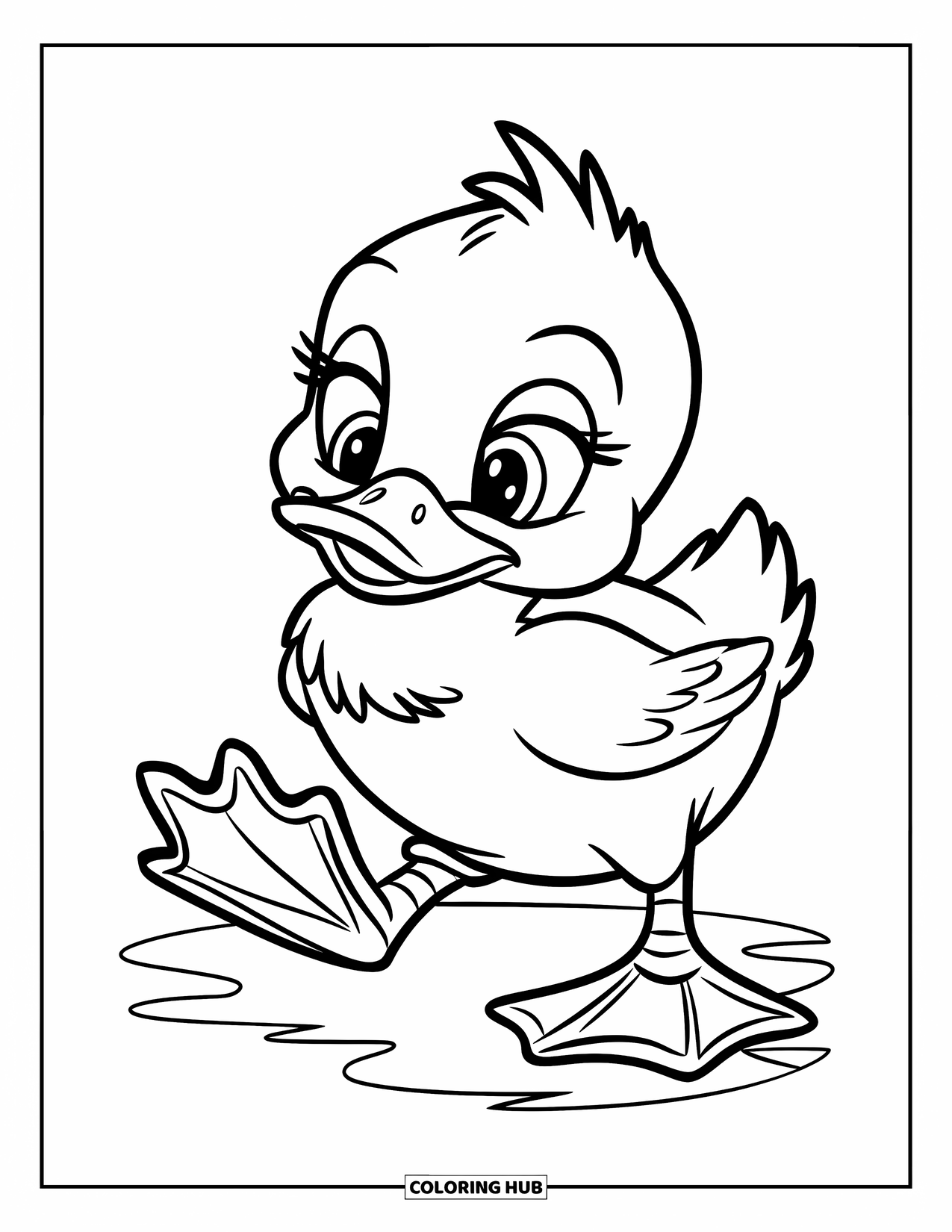 Baby Animal Coloring Page for Kids: A baby duck with tiny feathers waddles across flat ground