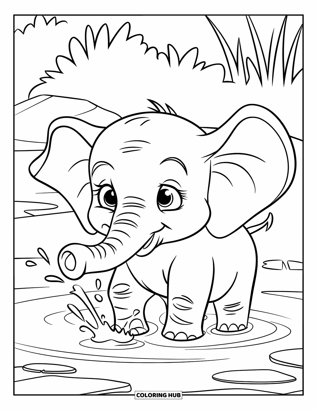Baby Animal Coloring Page for Kids: A baby elephant splashes happily in a shallow pond
