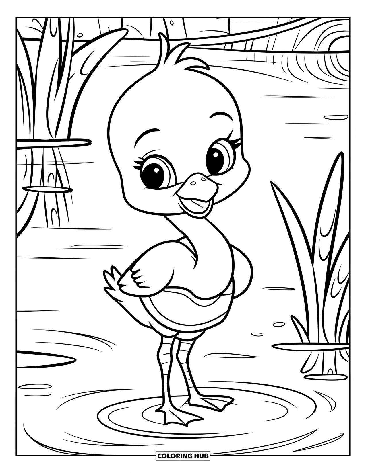 Baby Animal Coloring Page for Kids: A baby flamingo stands in water near tall reeds