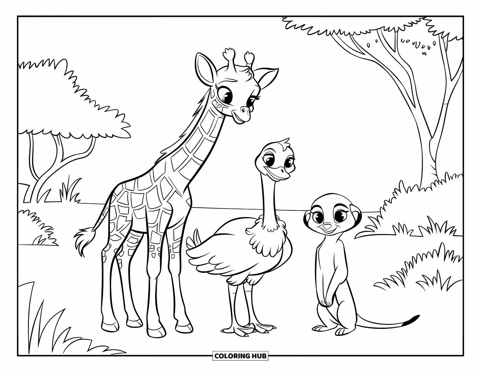Baby Animal Coloring Page for Kids: A baby giraffe, ostrich, and meerkat stand in the sunny savanna