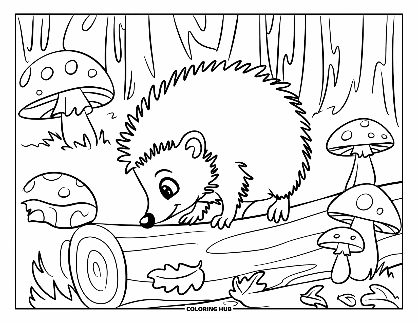Baby Animal Coloring Page for Kids: A baby hedgehog sniffs leaves and mushrooms in the forest