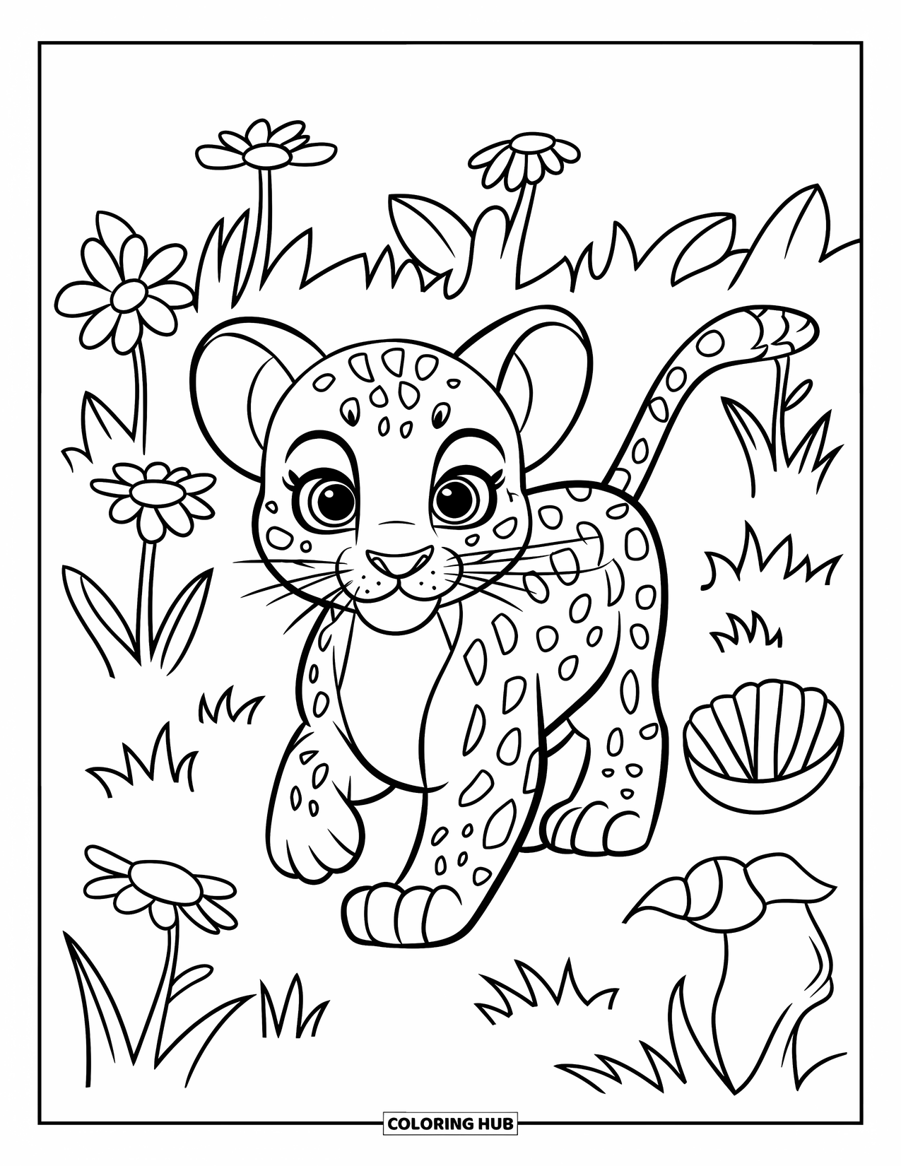 Baby Animal Coloring Page for Kids: A baby leopard strolls through a field of wildflowers