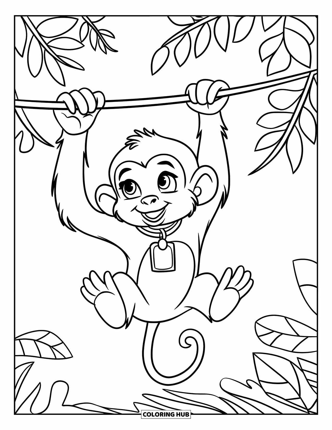 Baby Animal Coloring Page for Kids: A baby monkey swings joyfully from a jungle vine