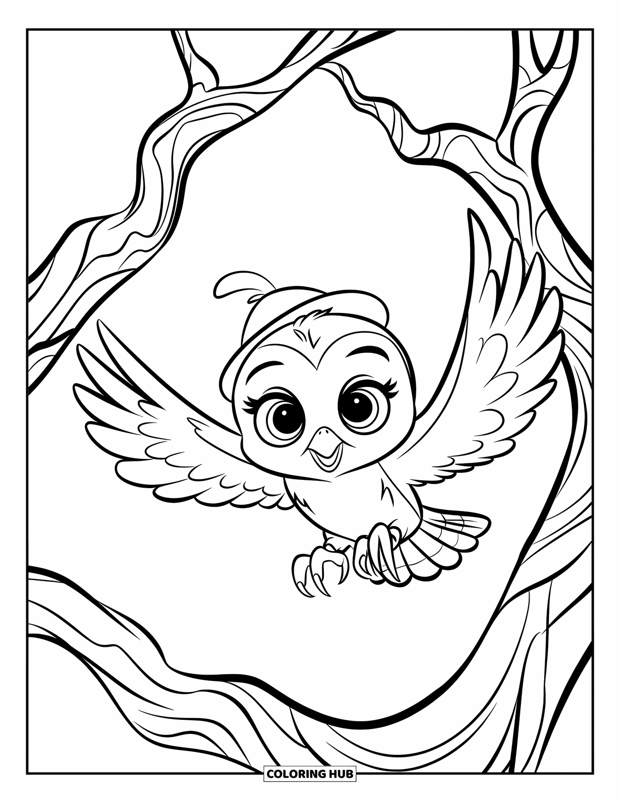 Baby Animal Coloring Page for Kids: A baby owl soars between tree branches in the sky