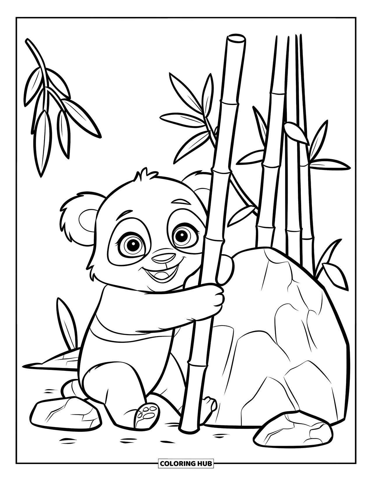 Baby Animal Coloring Page for Kids: A baby panda cuddles bamboo in a calm forest scene