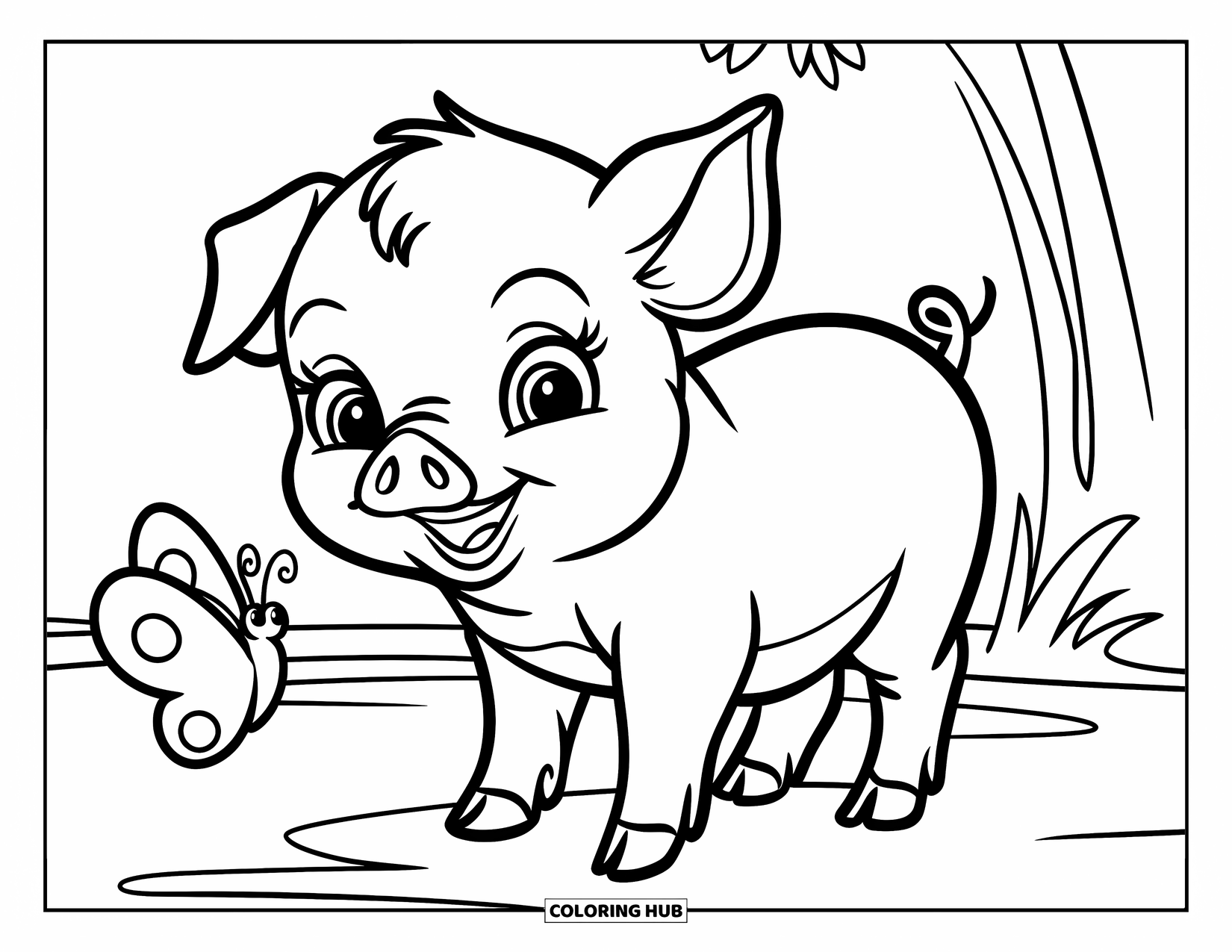 Baby Animal Coloring Page for Kids: A baby pig with a curly tail stands by a butterfly