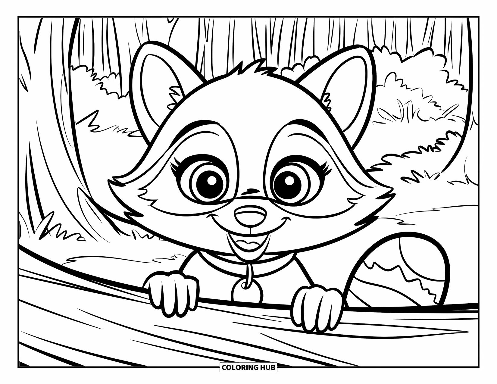Baby Animal Coloring Page for Kids: A baby raccoon peeks from behind a forest log
