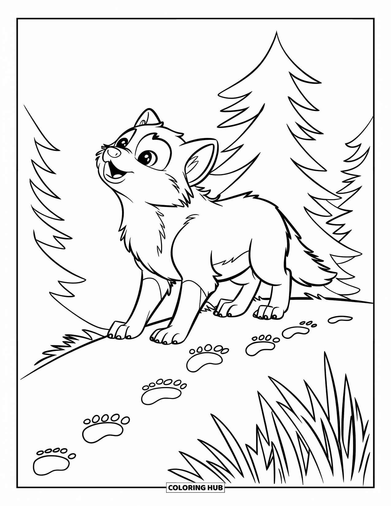 Baby Animal Coloring Page for Kids: A baby wolf howls near pine trees and soft grass