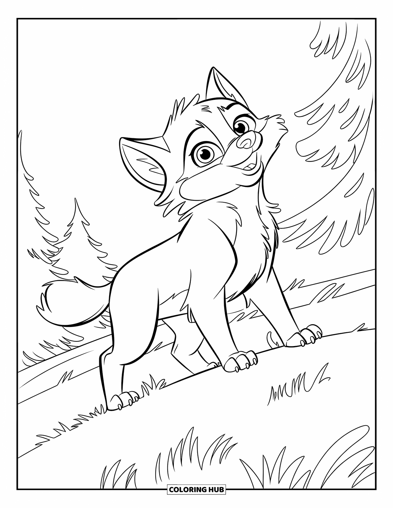 Baby Animal Coloring Page for Kids: A baby wolf howls on a grassy hill with trees behind