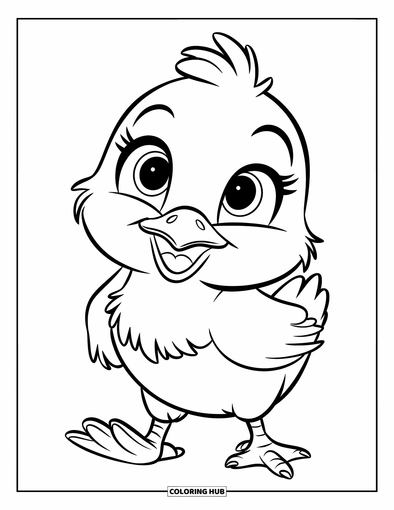 Baby Animal Coloring Page for Kids: A bright-eyed chick stands ready for fun with bold lines