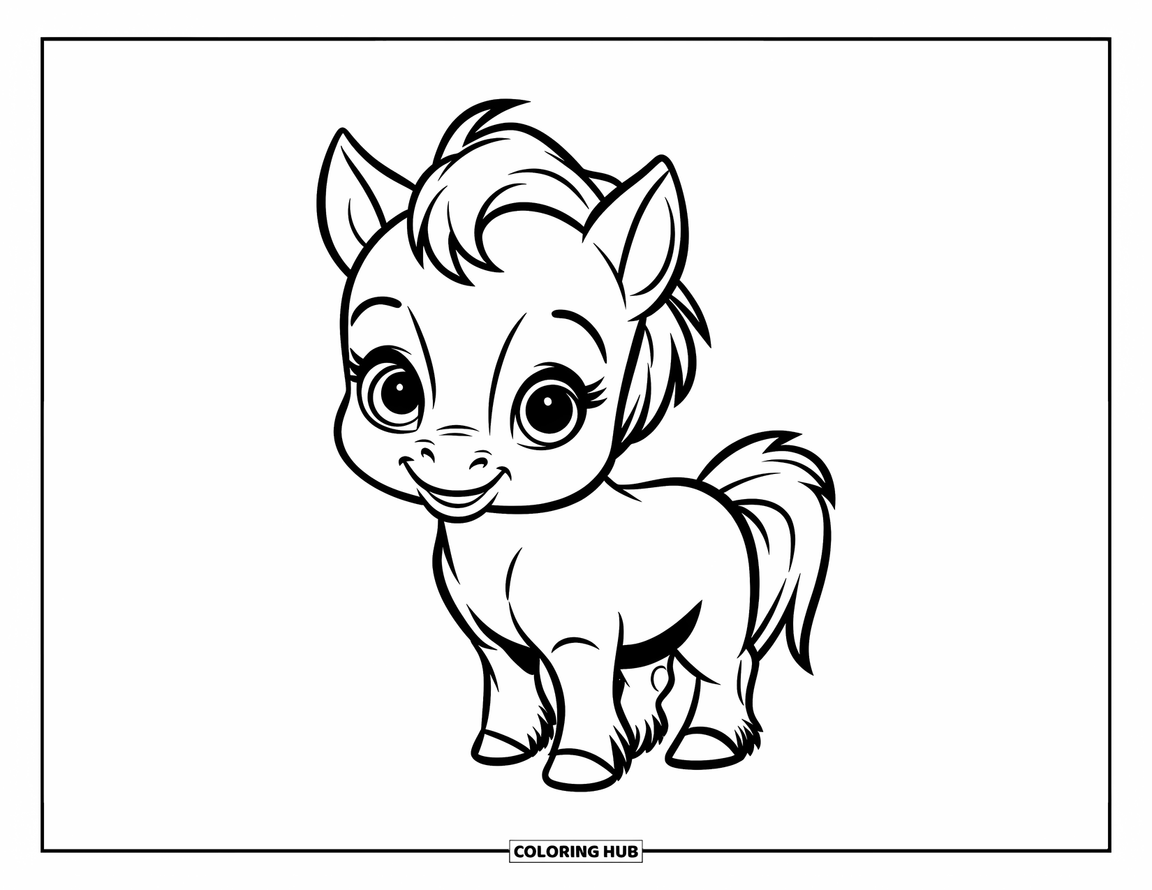 Baby Animal Coloring Page for Kids: A calm foal stands on an open field
