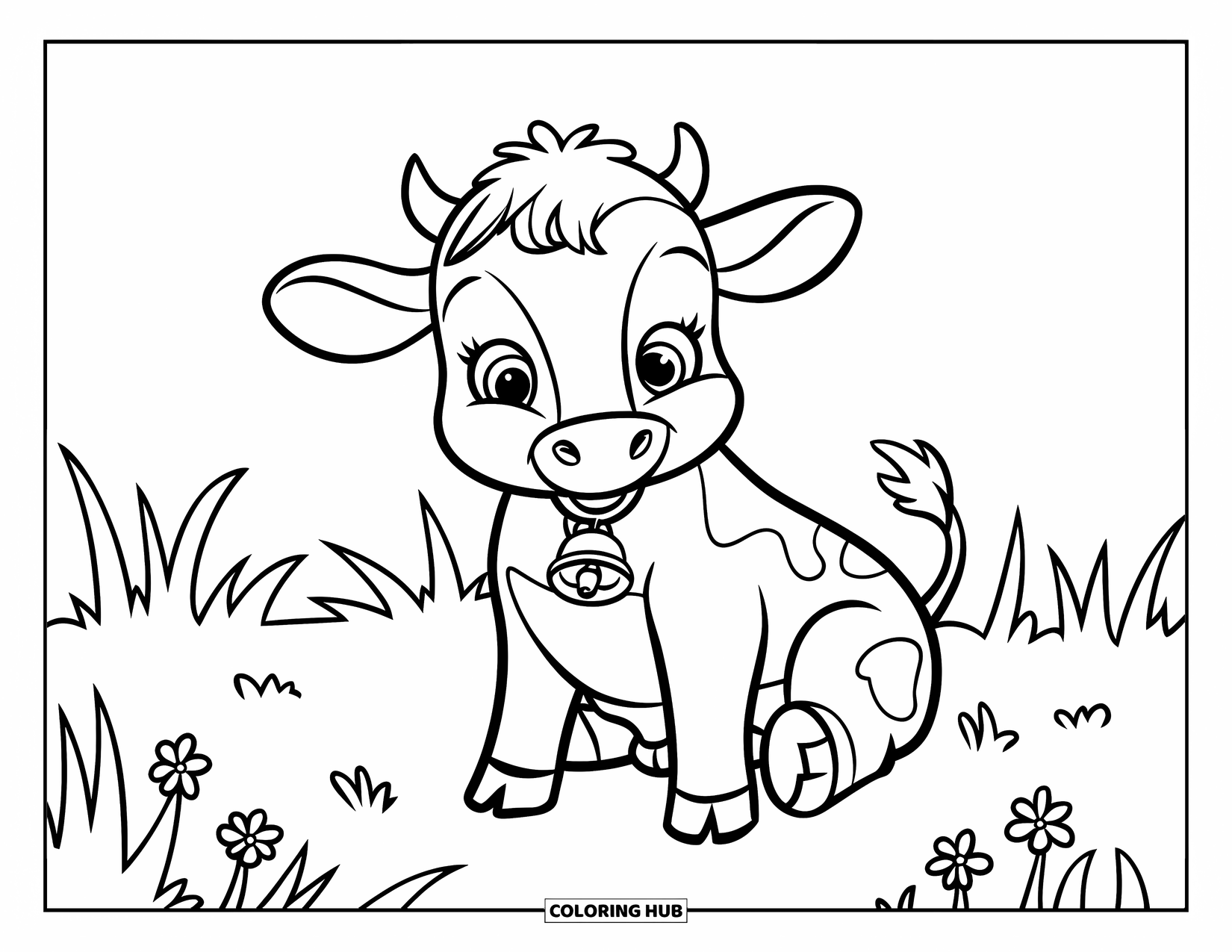 Baby Animal Coloring Page for Kids: A cheerful cow with a bell relaxes in a grassy field