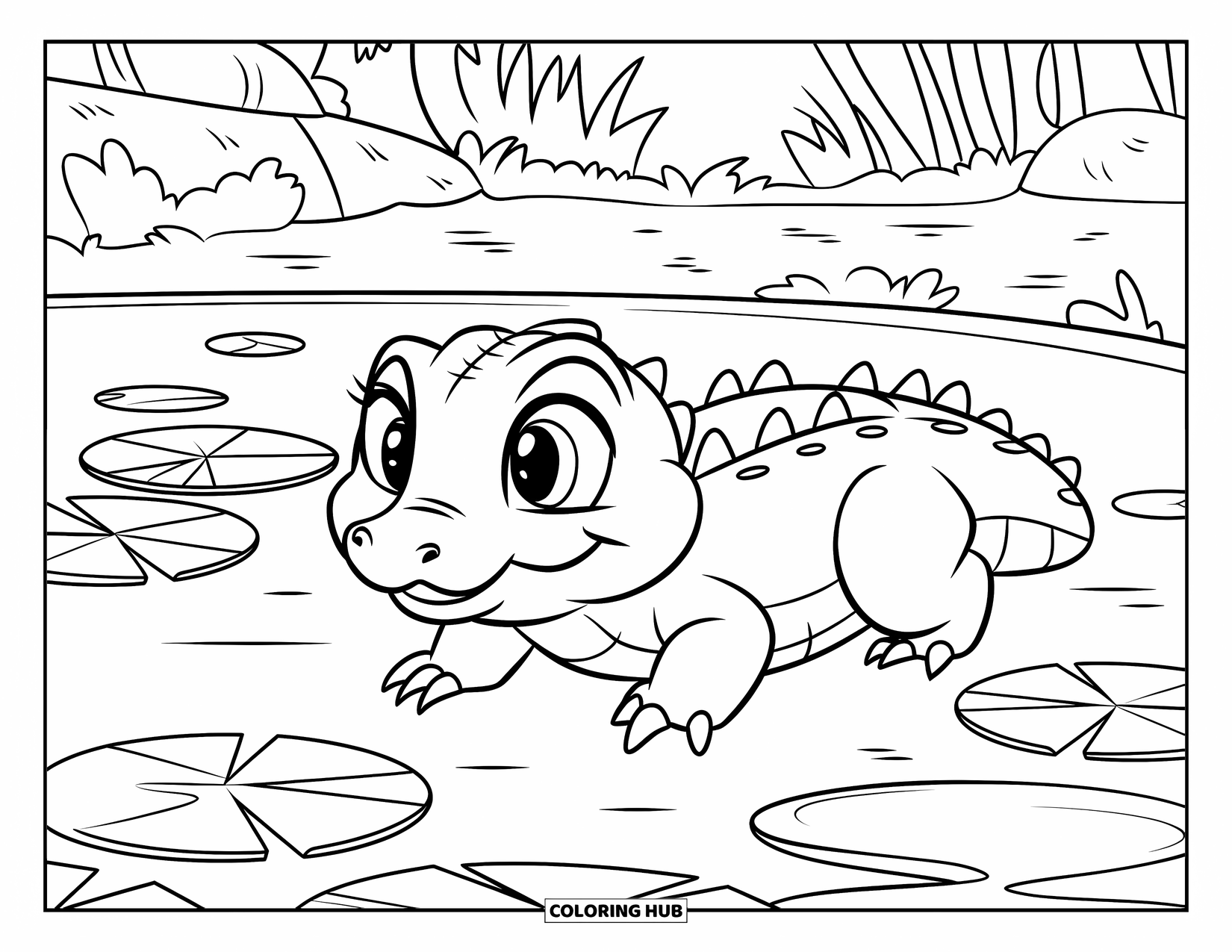 Baby Animal Coloring Page for Kids: A cheerful crocodile explores a leafy pond