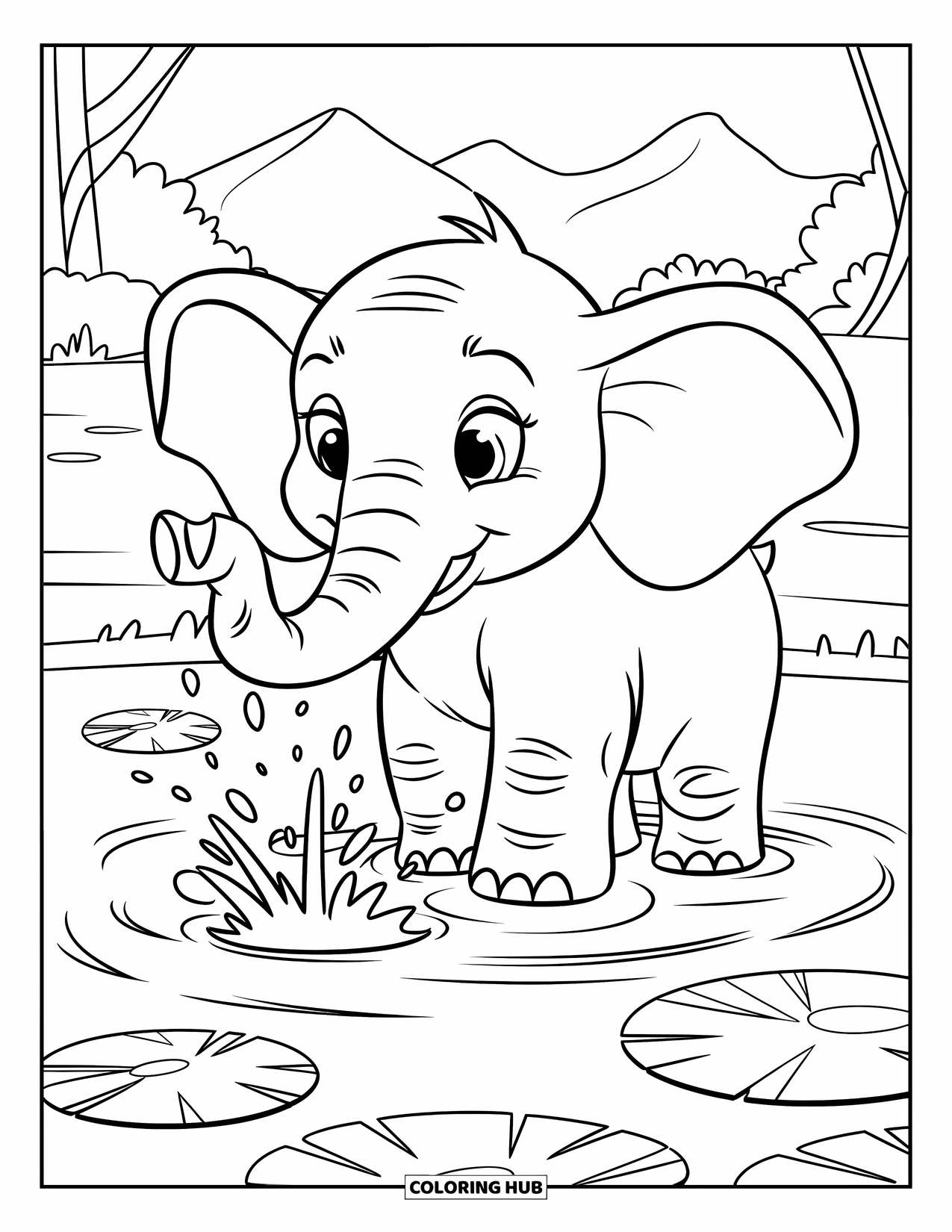 Baby Animal Coloring Page for Kids: A cheerful elephant plays in water with lily pads