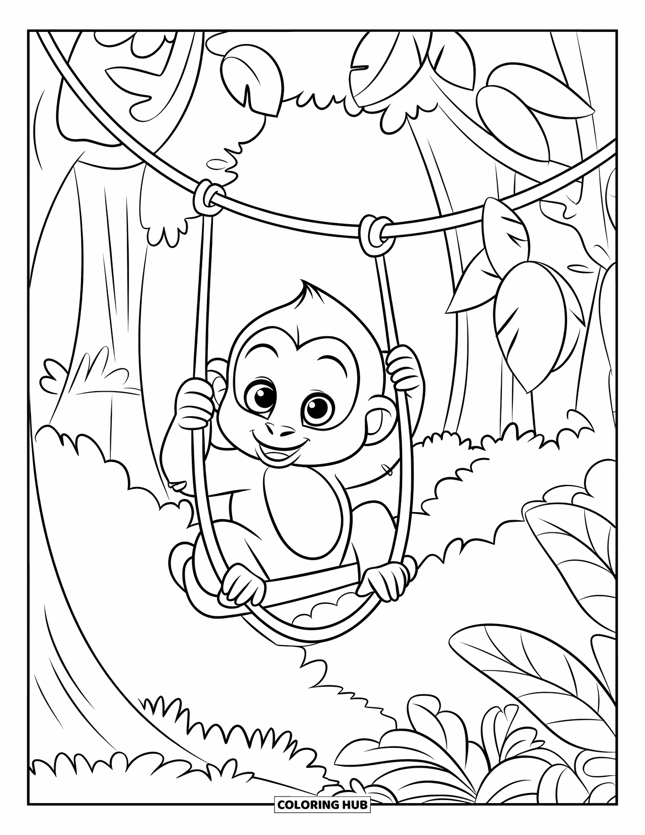 Baby Animal Coloring Page for Kids: A cheerful monkey swings through leafy jungle trees