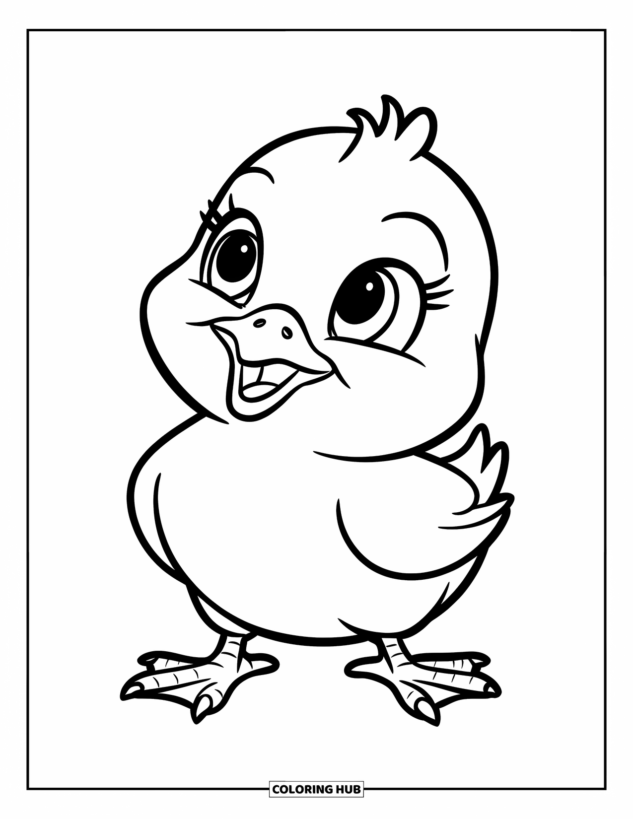 Baby Animal Coloring Page for Kids: A chubby chick with tiny feet looks up from a blank background