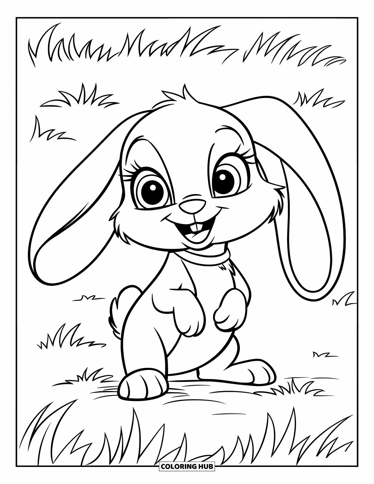 Baby Animal Coloring Page for Kids: A cuddly rabbit with big eyes stands on a quiet field