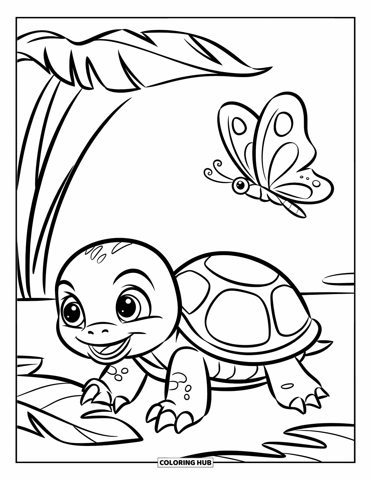 Baby Animal Coloring Page for Kids: A curious turtle heads toward a leaf with a fluttering friend