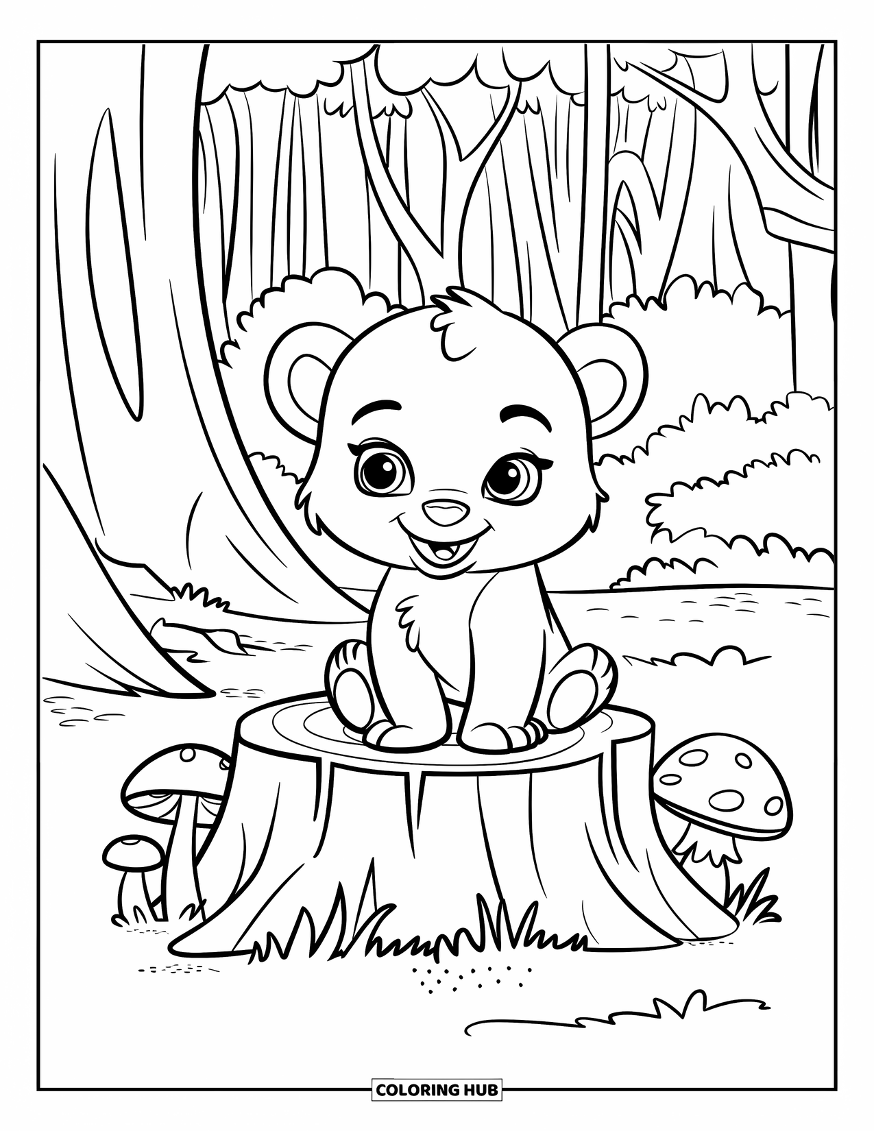 Baby Animal Coloring Page for Kids: A cute bear cub relaxes in a forest clearing