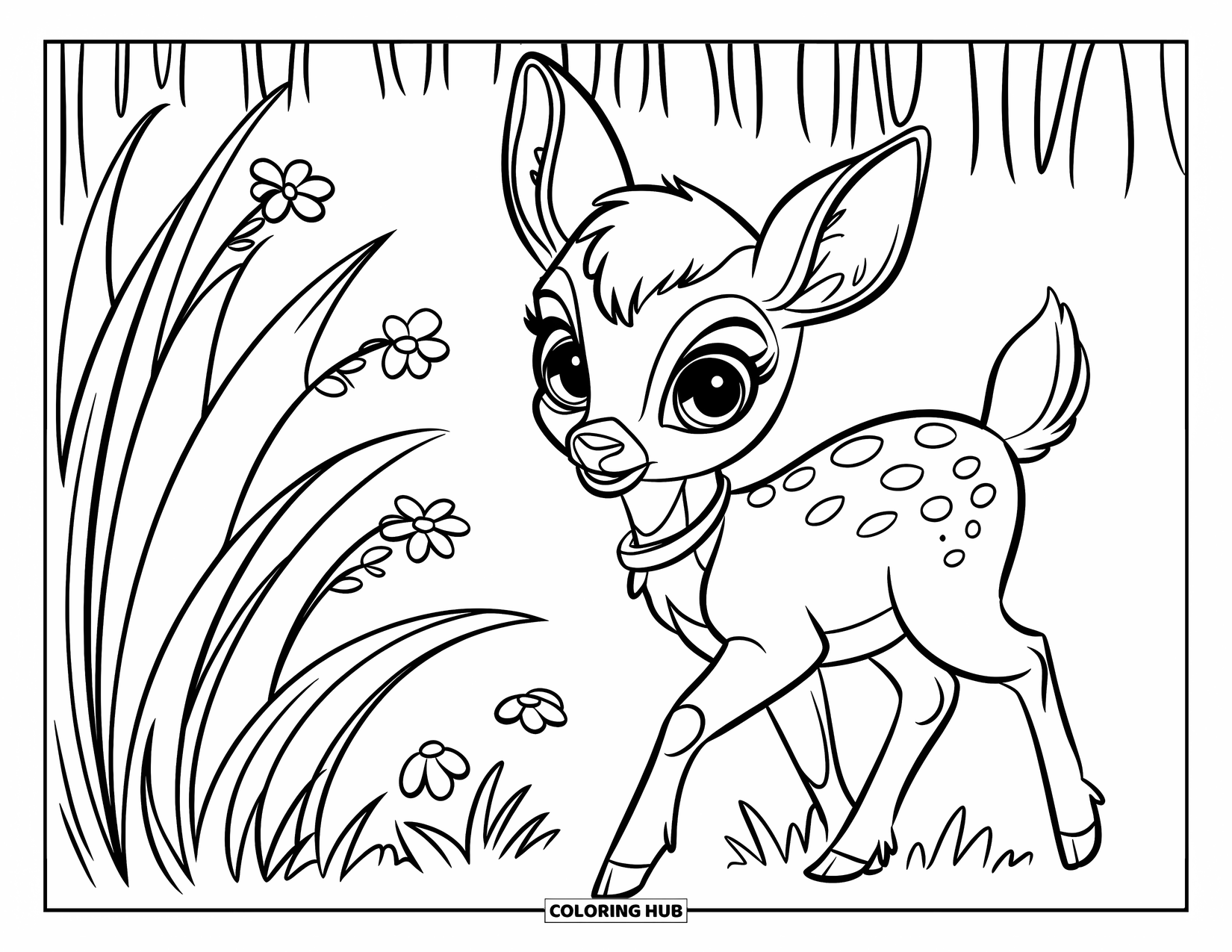 Baby Animal Coloring Page for Kids: A cute deer with a collar strolls near wildflowers