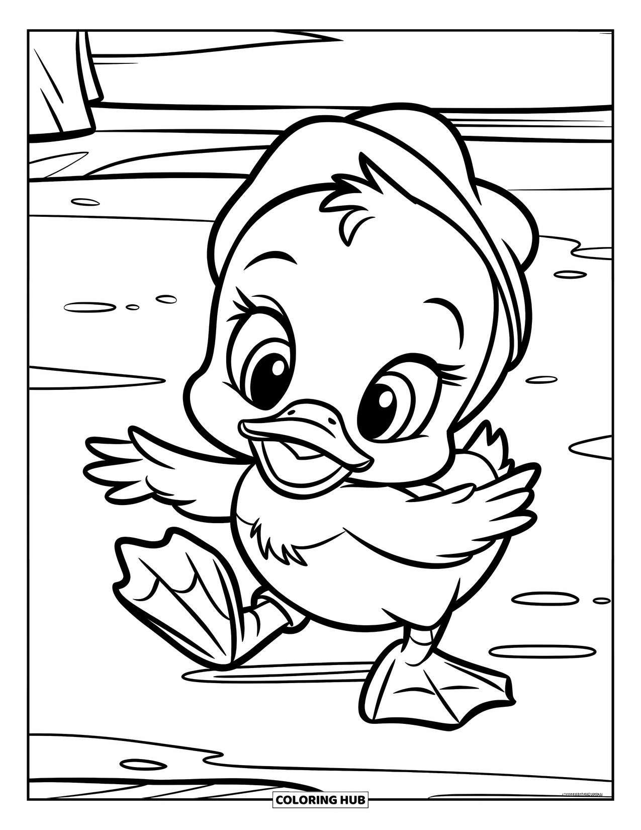 Baby Animal Coloring Page for Kids: A duck in a tiny hat waddles on a clean, simple path