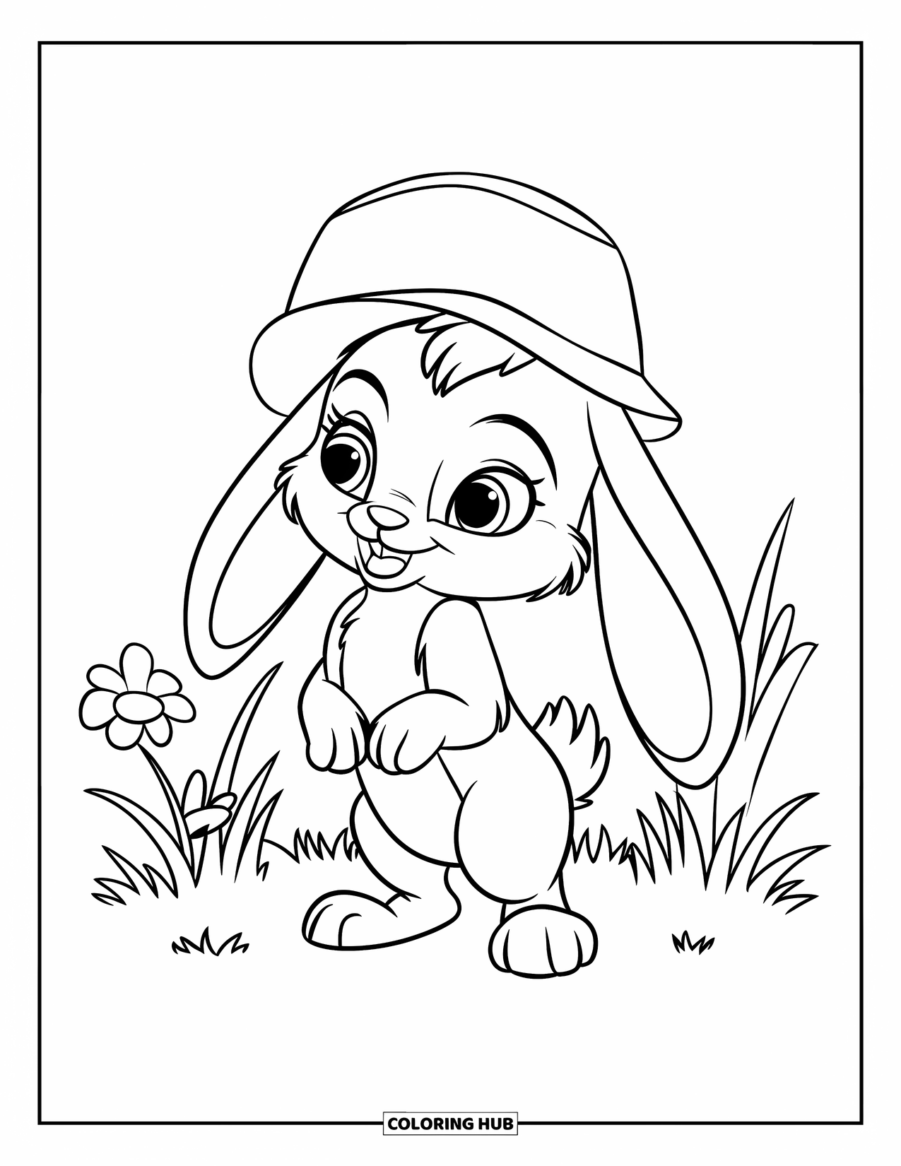 Baby Animal Coloring Page for Kids: A floppy-eared rabbit in the grass smiles near flowers