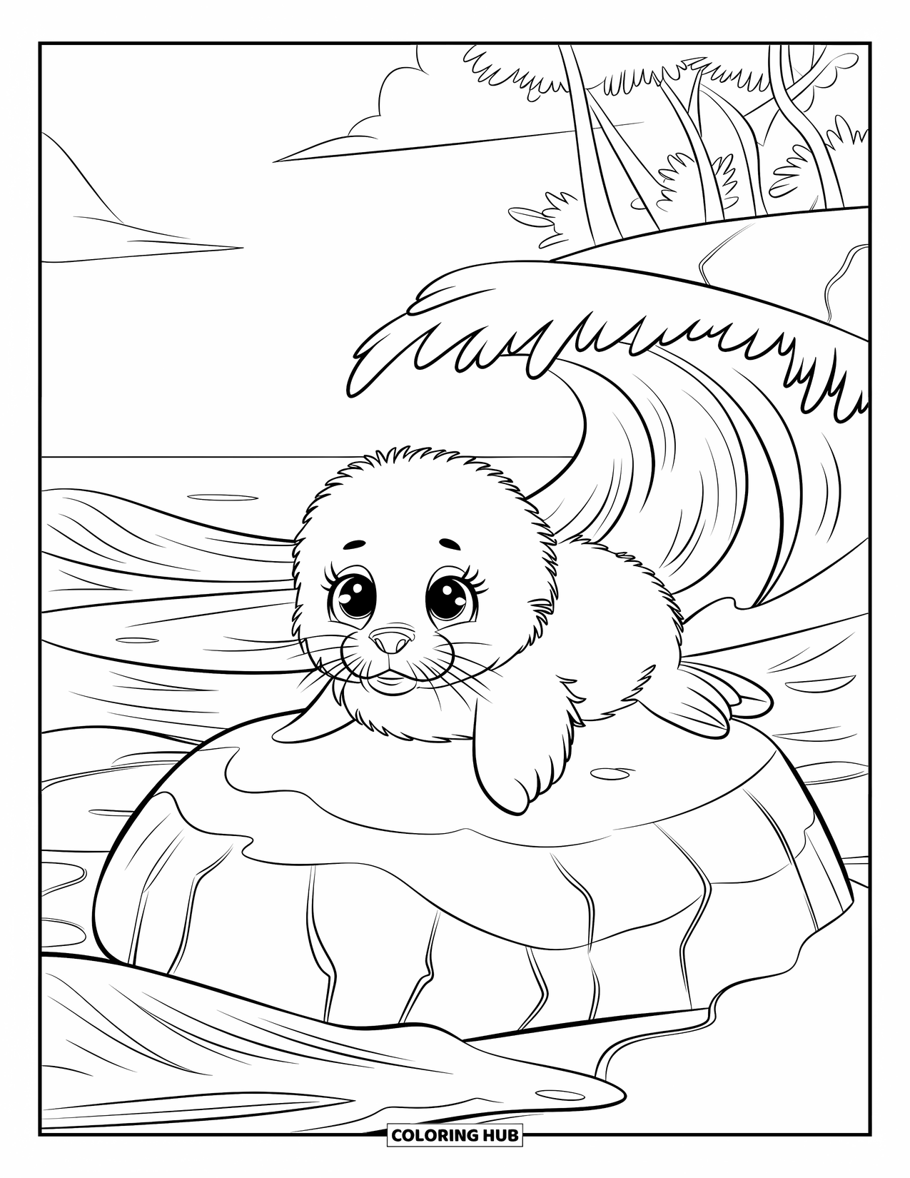 Baby Animal Coloring Page for Kids: A fluffy seal lounges on a smooth rock with foamy waves