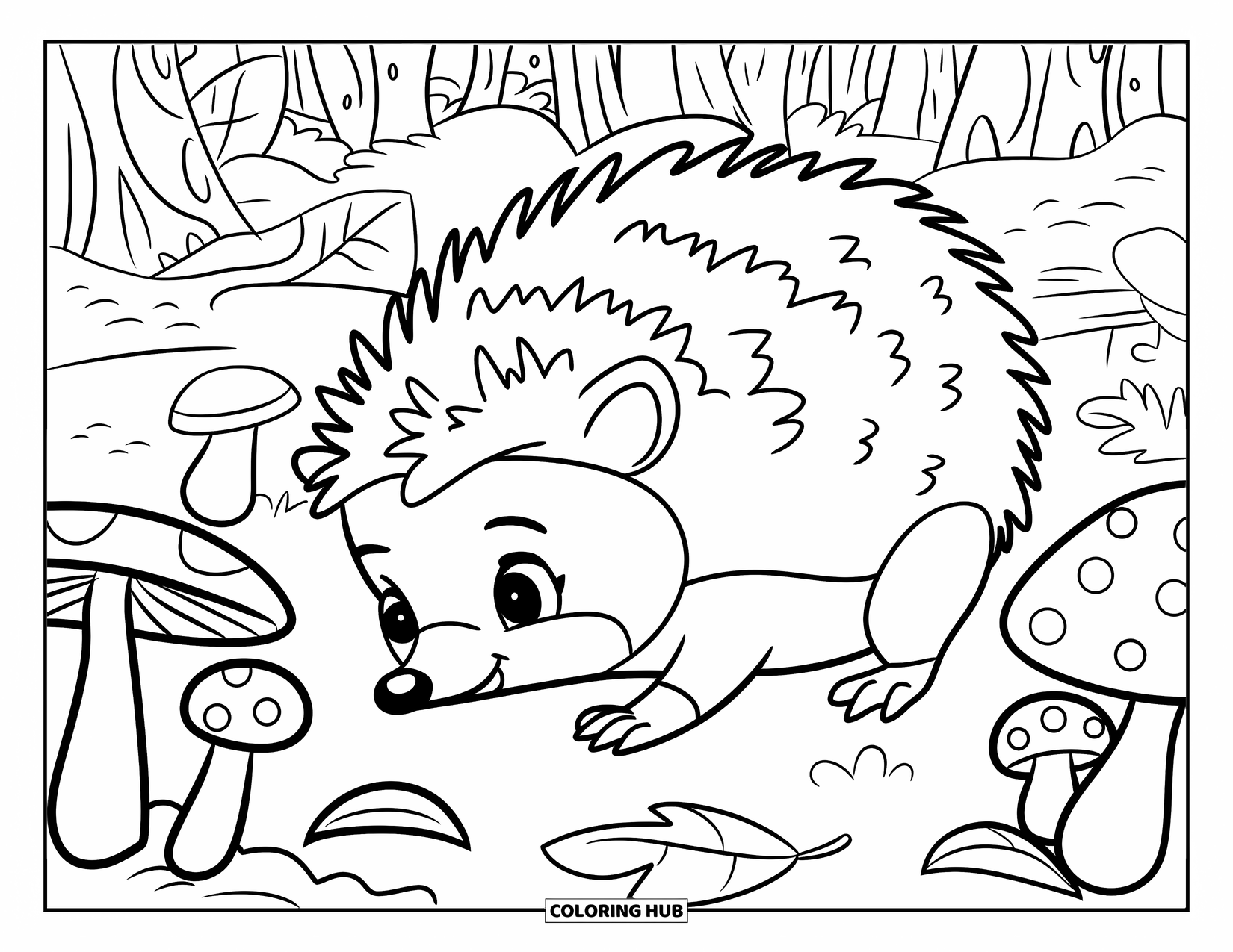 Baby Animal Coloring Page for Kids: A forest hedgehog sniffs leaves with a cozy hat on