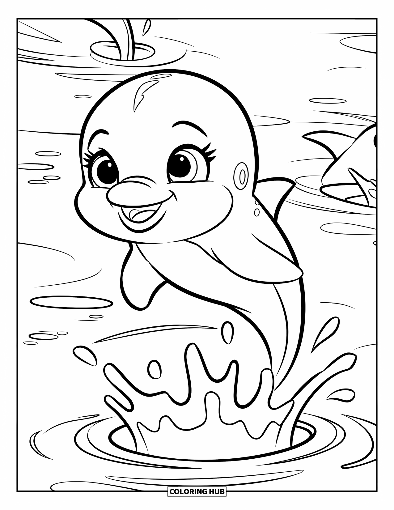 Baby Animal Coloring Page for Kids: A happy dolphin leaps from the sea with friends nearby