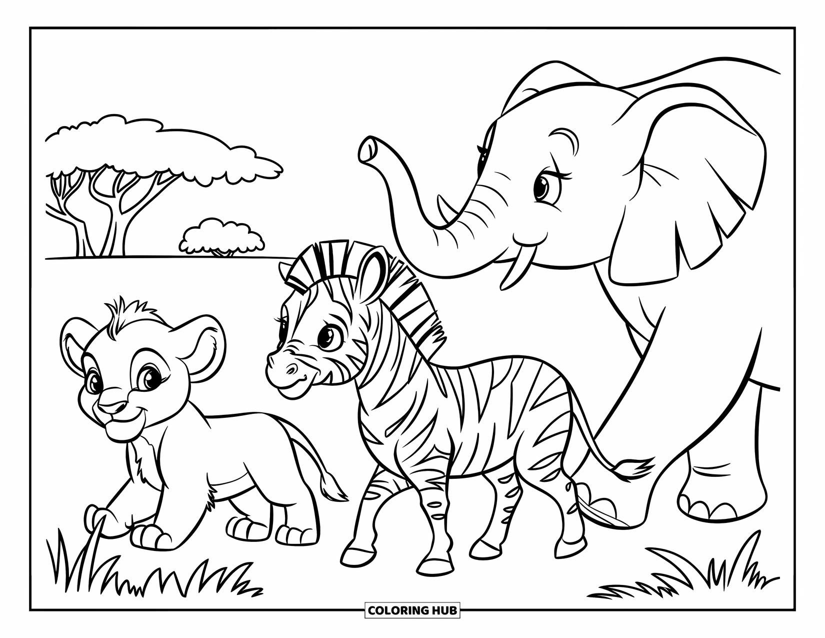 Baby Animal Coloring Page for Kids: A lion, zebra, and elephant stroll across the savanna