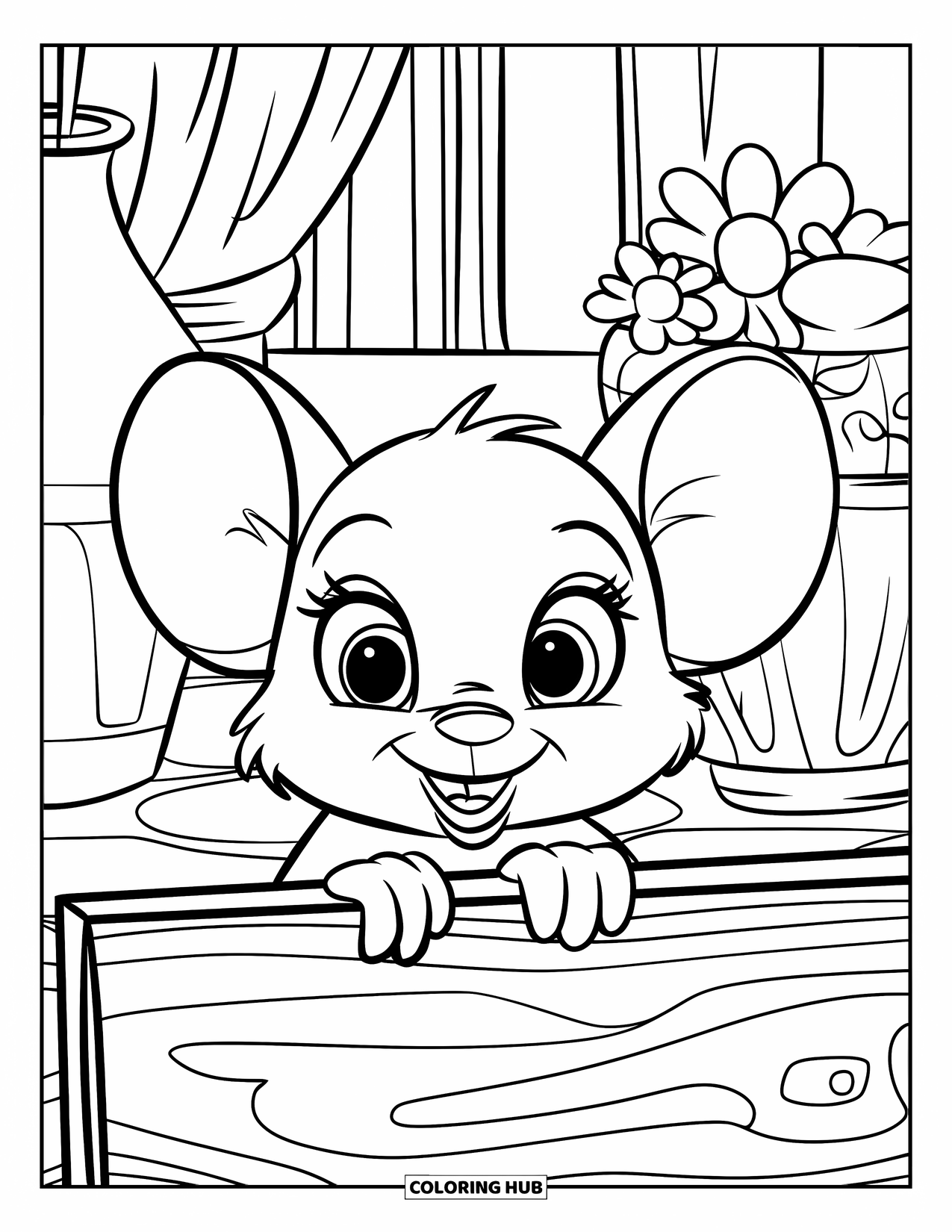Baby Animal Coloring Page for Kids: A mouse peeks from a hole inside a cozy little room