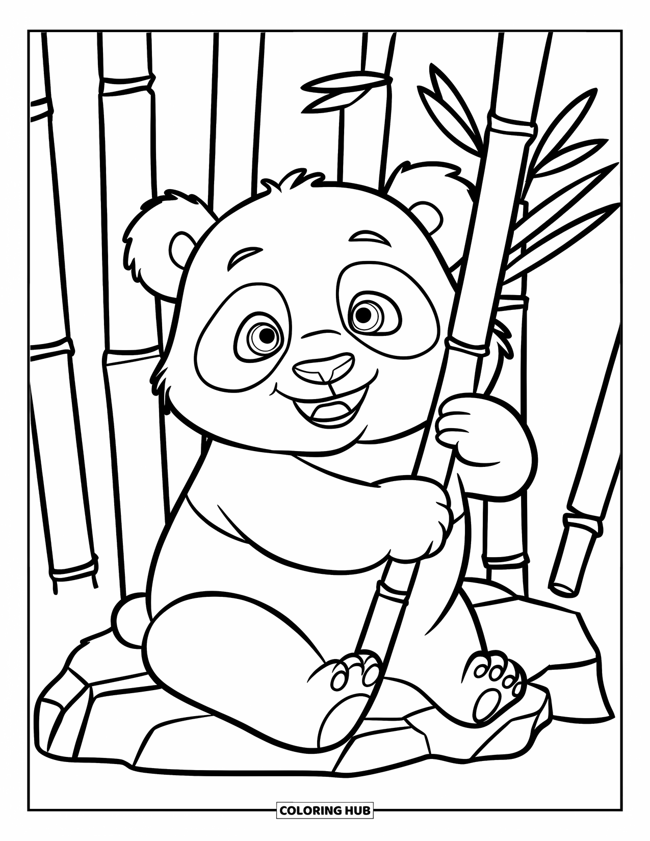 Baby Animal Coloring Page for Kids: A panda sits holding bamboo near a quiet rock