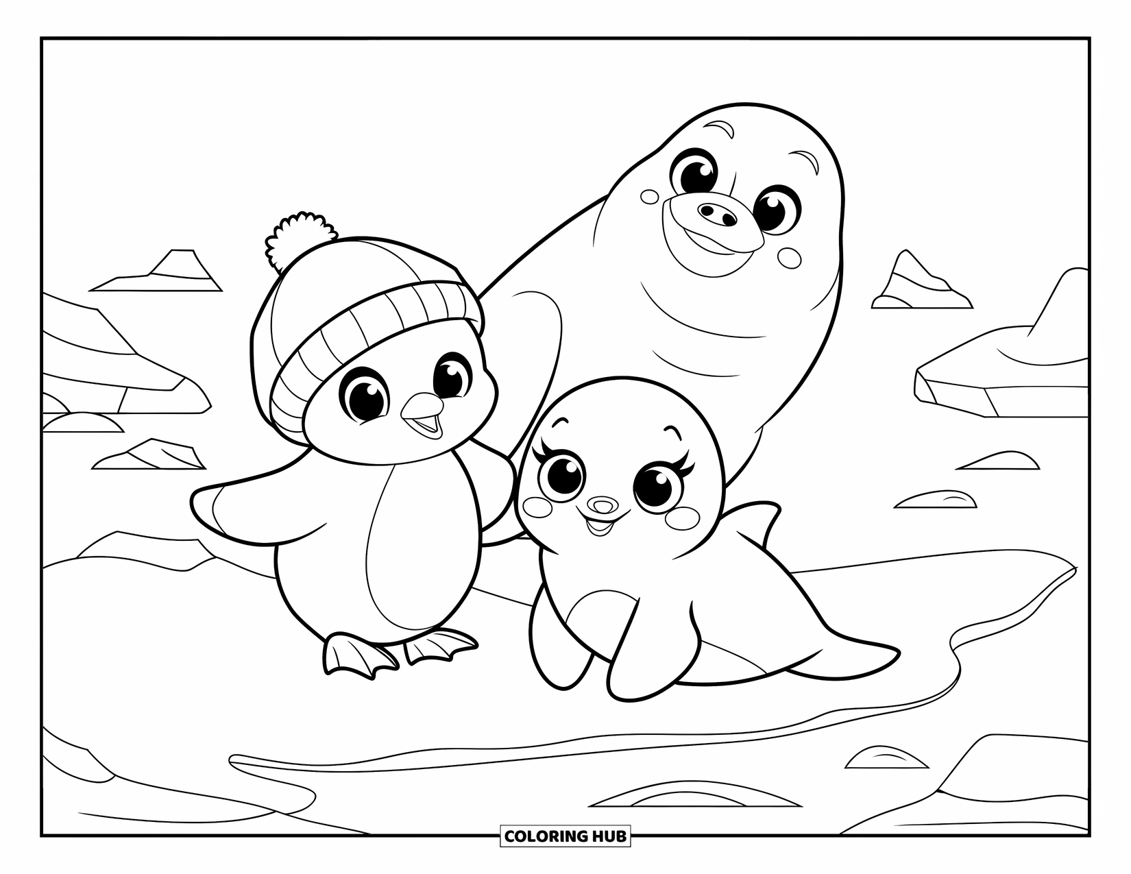 Baby Animal Coloring Page for Kids: A penguin in a hat joins sea friends on a snowy shore