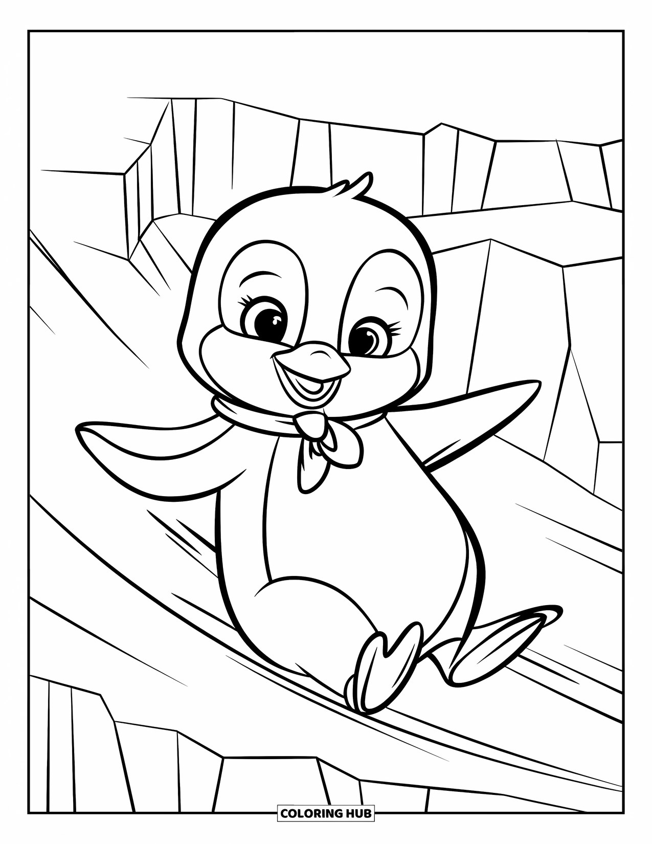 Baby Animal Coloring Page for Kids: A penguin slides down ice wearing a tiny red scarf