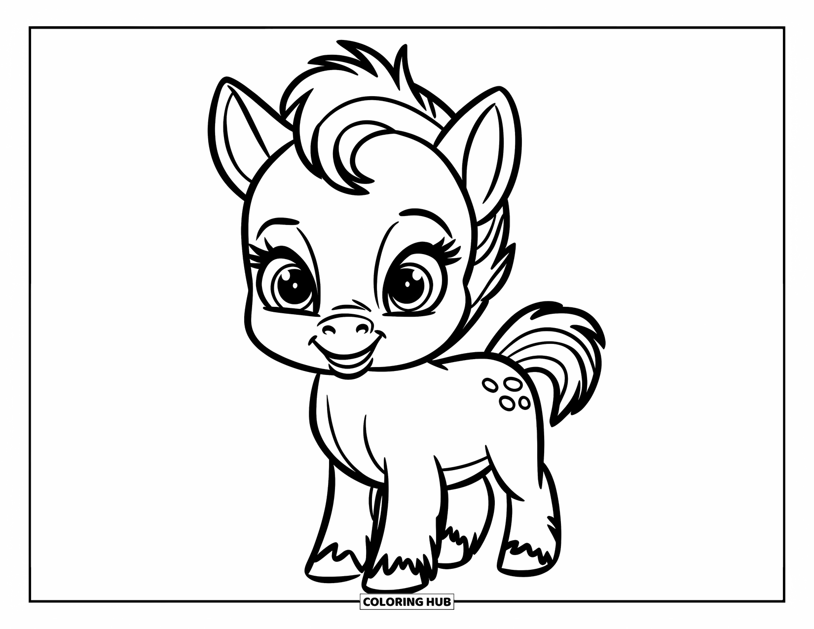 Baby Animal Coloring Page for Kids: A playful baby horse stands tall on a white background