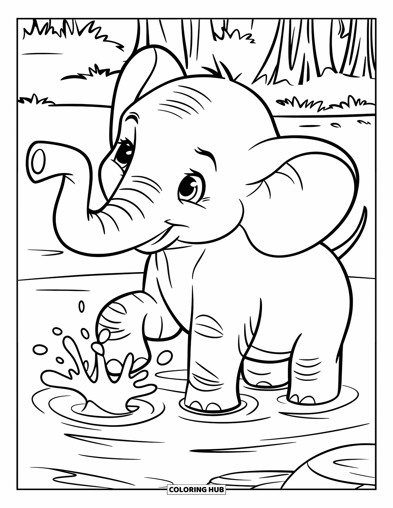 Baby Animal Coloring Page for Kids: A playful elephant sprays water in a peaceful scene