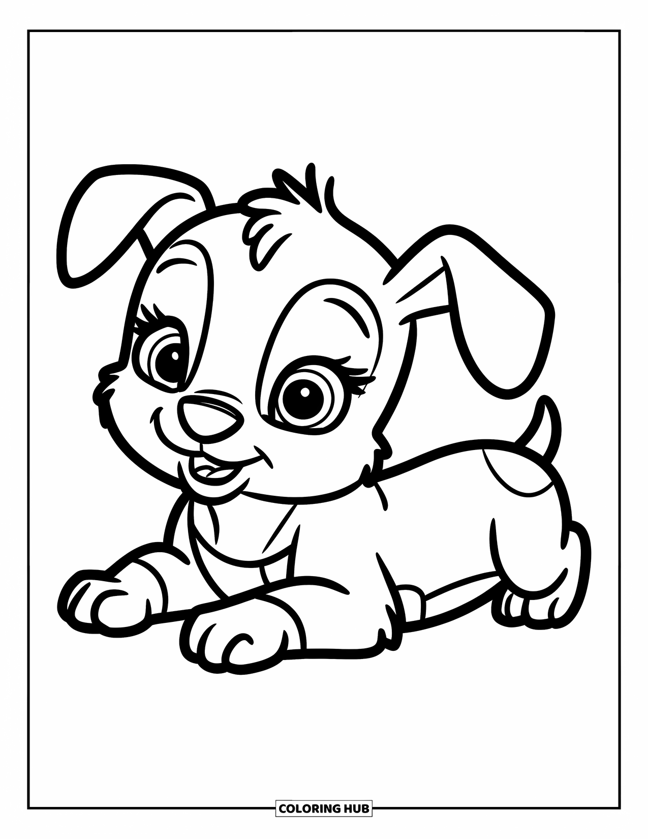 Baby Animal Coloring Page for Kids: A playful puppy rests with a happy smile and bold outlines